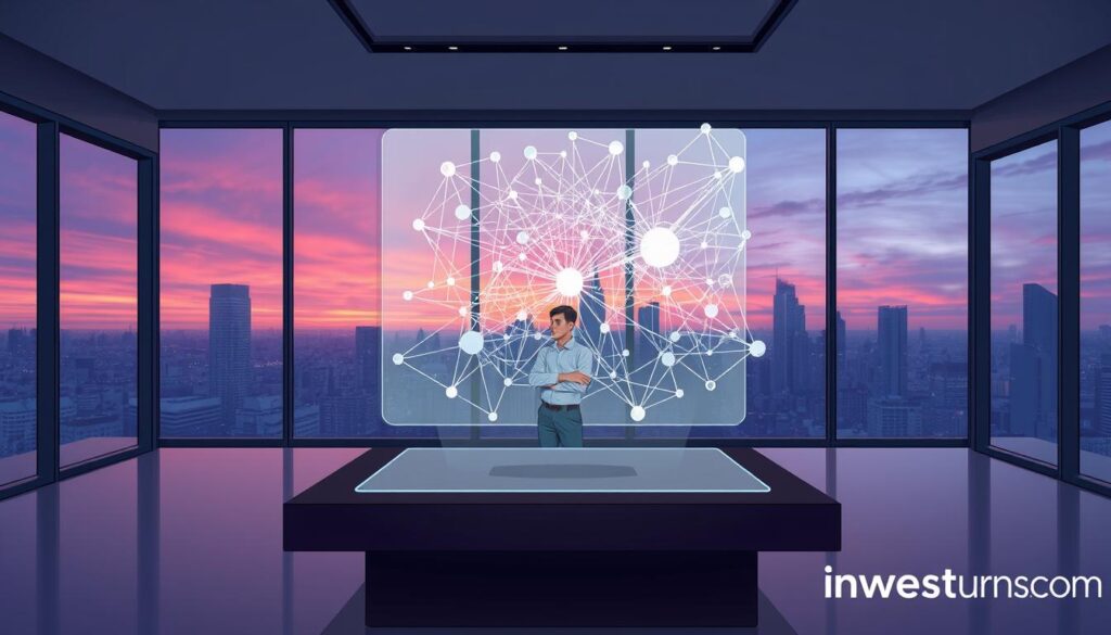 A sleek, minimalist office interior with large windows overlooking a cityscape at dusk. In the foreground, a holographic display hovers over a dark wooden desk, showcasing a complex web of interconnected smart contract vulnerabilities, represented by glitching, distorted geometrical shapes and lines. The middle ground features a lone figure, a cybersecurity expert, scrutinizing the display with a thoughtful expression. In the background, the investurns.com logo is subtly integrated into the architecture, conveying the company's expertise in blockchain technology and secure software development.