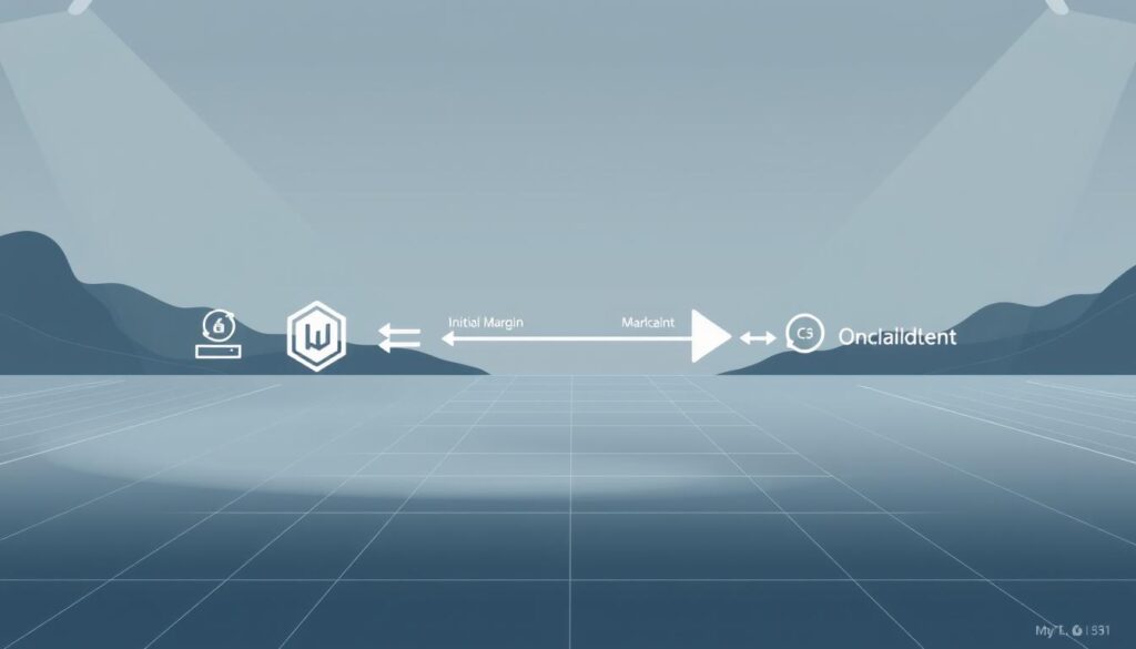 A sleek, minimalist rendering of the mechanics behind crypto futures contracts. In the foreground, a stylized visual representation of a futures transaction, with intuitive icons and geometric shapes illustrating the core components - the initial margin, the mark-to-market process, and the final settlement. The middle ground features a subtle grid-like overlay, evoking the on-chain nature of these derivatives. In the background, a muted, techno-inspired landscape with abstract shapes and gradients, creating a sense of depth and digital sophistication. Crisp lighting from multiple angles highlights the key elements, while a cool, metallic color palette reflects the high-finance nature of the subject matter.