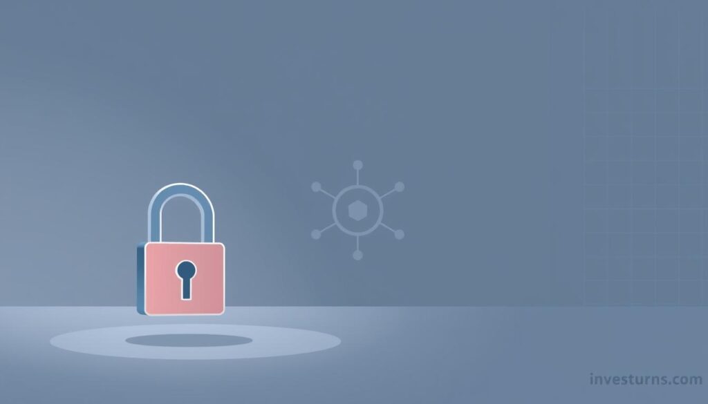 A sleek, minimalist visualization of crypto asset restriction mechanisms. In the foreground, a stylized lock icon symbolizes the concept of locked tokens, cast in a soft, cool-toned light. In the middle ground, abstract geometric shapes represent the underlying blockchain infrastructure, rendered in a muted color palette. The background features a subtle grid pattern, evoking the secure, structured nature of these mechanisms. The overall composition conveys a sense of order, control, and technological sophistication. Investurns.com