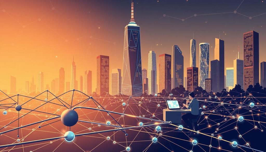 A sleek, modern blockchain developer ecosystem. In the foreground, a network of interconnected nodes and hubs, pulsing with data streams and lines of code. In the middle ground, software engineers collaborating on innovative decentralized applications, their screens bathed in the glow of holographic interfaces. The background features a towering, futuristic city skyline, its skyscrapers adorned with geometric blockchain visualizations. The scene is illuminated by a warm, directional lighting, casting long shadows and creating a sense of depth and perspective. The overall mood is one of technological progress, collaboration, and the boundless potential of the blockchain frontier.