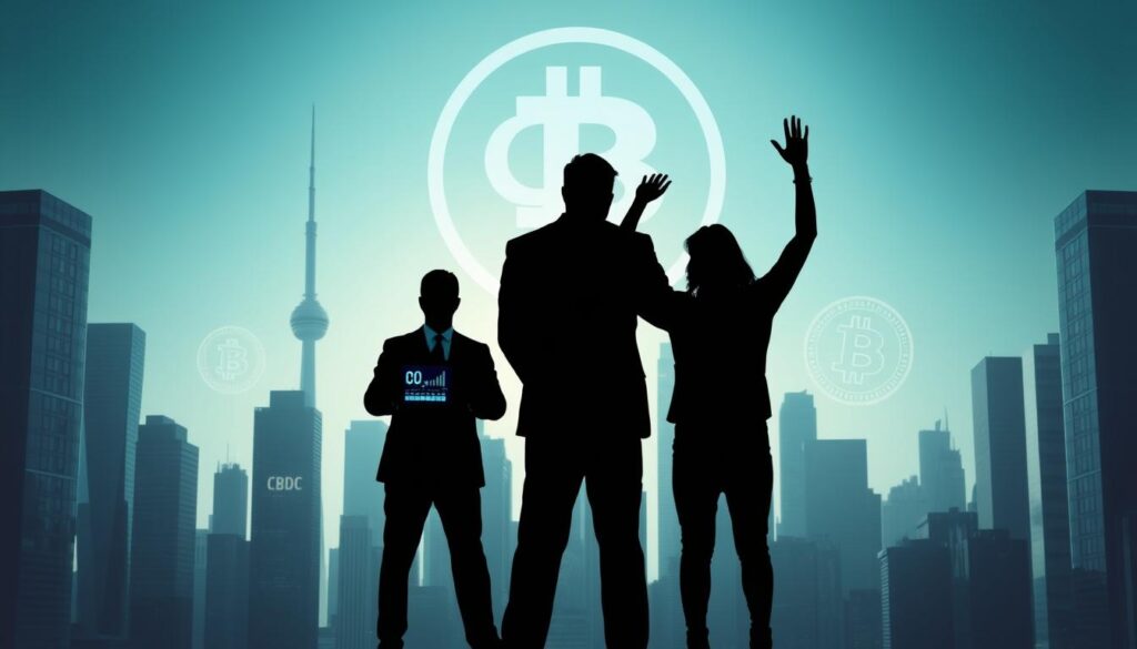 A sleek, modern cityscape with high-rise buildings, reflecting the rise of digital currencies. In the foreground, two figures stand facing each other, one representing a government official, the other a cryptocurrency enthusiast. The official holds a digital control panel, symbolizing government oversight, while the enthusiast raises their hands in a gesture of privacy and resistance. The lighting is dramatic, with deep shadows and highlights, creating a sense of tension and conflict. The background features a prominent CBDC symbol, alongside the silhouettes of Bitcoin icons, highlighting the contrast between centralized and decentralized financial systems.