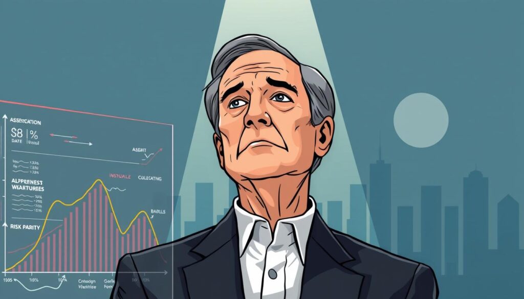 A sleek, modern illustration depicting Ray Dalio's core economic principles. In the foreground, a stylized graph or chart showcases key tenets of the "All-Weather" investment strategy, such as asset allocation, risk parity, and diversification. The middle ground features a thoughtful, pensive portrait of Dalio himself, surrounded by financial data and analytical tools. In the background, a minimalist cityscape or skyline evokes a sense of global economic interconnectedness. The lighting is crisp and directional, creating depth and emphasizing the subject's gravitas. The overall mood is one of intellectual rigor, pragmatism, and a commitment to weathering economic storms through prudent, research-driven principles.