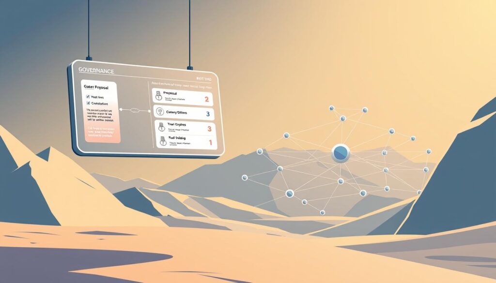 A sleek, modern illustration of governance voting mechanisms within a decentralized autonomous organization (DAO). In the foreground, a secure and transparent digital voting interface hovers, displaying various proposal options and real-time vote tallies. In the middle ground, a network of interconnected nodes and blockchain infrastructure symbolizes the decentralized nature of the DAO's decision-making process. The background features a sophisticated, minimalist landscape with bold geometric shapes and a subtle color palette, conveying a sense of technological sophistication and innovative thinking. Soft, directional lighting illuminates the scene, creating depth and emphasizing the importance of the voting mechanisms. The overall mood is one of efficiency, reliability, and democratic empowerment within the DAO ecosystem.