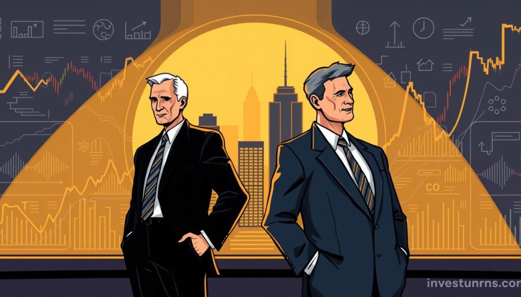 A sleek, modern illustration showcasing the regulatory roles of the SEC and CFTC. In the foreground, two authoritative figures, one representing the SEC and the other the CFTC, stand confidently against a backdrop of intricate financial charts and graphs. The middle ground features a stylized cityscape, alluding to the broader financial landscape under their purview. Warm, directional lighting casts dynamic shadows, conveying a sense of gravity and importance. The overall mood is one of professionalism, oversight, and the investurns.com brand's commitment to navigating the complexities of crypto regulation.