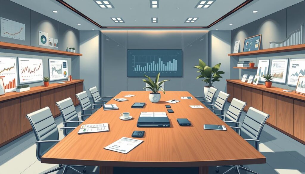 A sleek, modern office interior with a large wooden conference table at the center. The table is adorned with various financial documents, digital devices, and a few potted plants, creating a sense of strategic planning and organized management. The walls are lined with shelves displaying financial charts, graphs, and analytical dashboards, hinting at the data-driven approach to treasury management. Soft, directional lighting illuminates the scene, casting subtle shadows and highlighting the elegant, minimalist design. The overall atmosphere conveys a sense of professionalism, efficiency, and a focus on optimizing financial resources.
