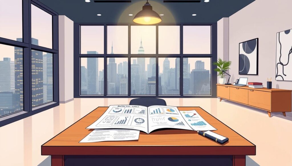 A sleek, modern office interior with large windows overlooking a bustling city skyline. In the foreground, a wooden desk displays a detailed business model analysis, with charts, graphs, and annotated notes. Overhead, a warm, directional lighting casts a focused glow on the workspace, emphasizing the analytical nature of the task. On the walls, abstract artworks and minimalist decor create a professional, cerebral atmosphere. The scene conveys a sense of strategic thinking, problem-solving, and data-driven decision-making, perfectly suited to illustrate the "Evaluating Business Models and Intellectual Property" section of the article.