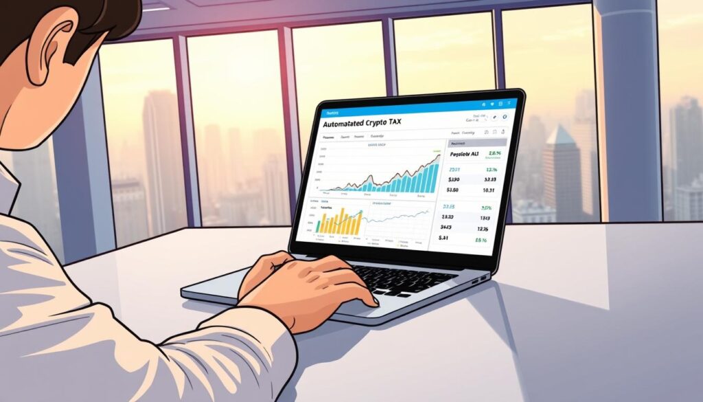 A sleek, modern office setting with a large desk showcasing a laptop screen displaying automated crypto tax calculations and financial charts. In the foreground, a person's hands are working on the laptop, their face obscured. The background features floor-to-ceiling windows overlooking a cityscape, bathed in soft, natural lighting. The overall atmosphere conveys a sense of expertise, efficiency, and professionalism in managing cryptocurrency portfolio and tax obligations. A sleek, modern office setting with a large desk showcasing a laptop screen displaying automated crypto tax calculations and financial charts. In the foreground, a person's hands are working on the laptop, their face obscured. The background features floor-to-ceiling windows overlooking a cityscape, bathed in soft, natural lighting. The overall atmosphere conveys a sense of expertise, efficiency, and professionalism in managing cryptocurrency portfolio and tax obligations.