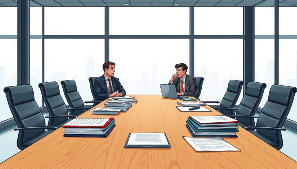 A sleek, modern office setting with a large wooden conference table in the foreground. Atop the table, various documents, files, and a laptop are neatly arranged, conveying a sense of careful evaluation and analysis. In the middle ground, two businesspeople in formal attire sit across from each other, engaged in a thoughtful discussion, their expressions serious yet focused. The background features floor-to-ceiling windows, allowing natural light to flood the space and create a sense of transparency and openness. The overall atmosphere is one of diligence, professionalism, and the careful consideration of investment opportunities.