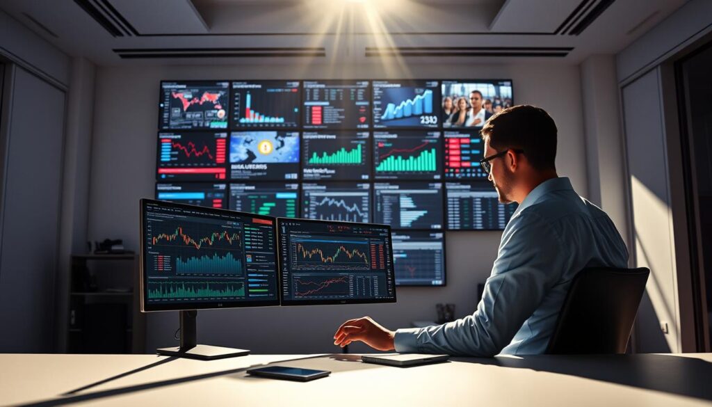 A sleek, modern office setting with clean lines and minimalist decor. In the foreground, a researcher sits at a desk, intently studying a cryptocurrency trading dashboard on a high-resolution monitor. The middle ground features an array of financial charts, data visualizations, and analytical tools spread across multiple screens, reflecting the depth and complexity of crypto research. The background showcases a wall of screens displaying real-time market data, news headlines, and social media chatter, emphasizing the importance of staying informed in the rapidly evolving crypto landscape. Dramatic, directional lighting casts sharp shadows, conveying the gravity and focus required for effective crypto research. The overall atmosphere is one of thoughtful analysis, technological prowess, and the pursuit of informed investment decisions.