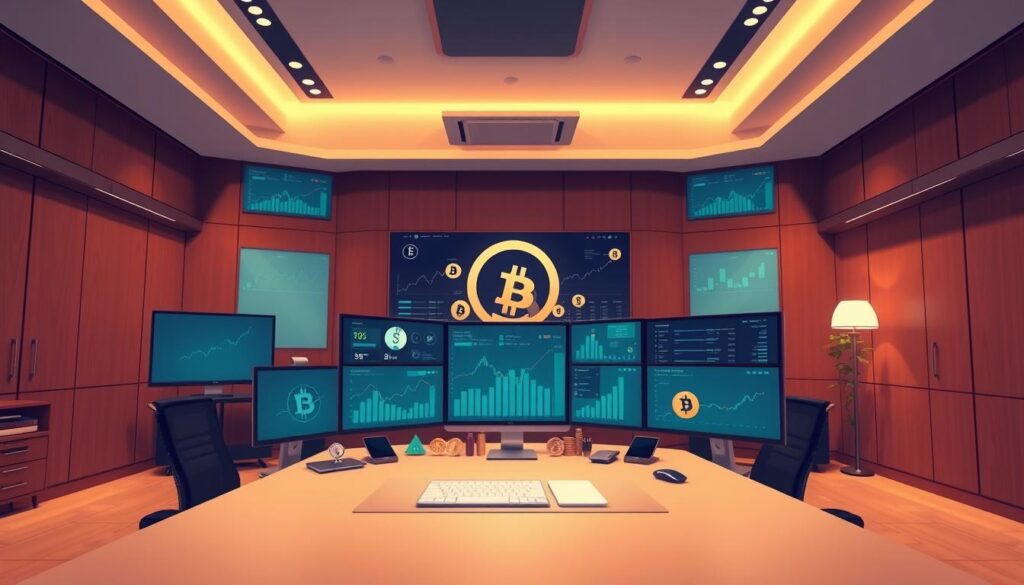 A sleek, modern office workspace with a large desk showcasing an array of digital screens and devices. On the desk, various cryptocurrency symbols and charts are displayed, representing the diversification of a crypto asset portfolio. The room is bathed in a warm, ambient lighting, creating a professional and authoritative atmosphere. The camera angle is slightly elevated, providing a sense of depth and hierarchy, emphasizing the importance of strategic crypto asset allocation. The overall composition is balanced and visually compelling, guiding the viewer's attention to the core subject matter.