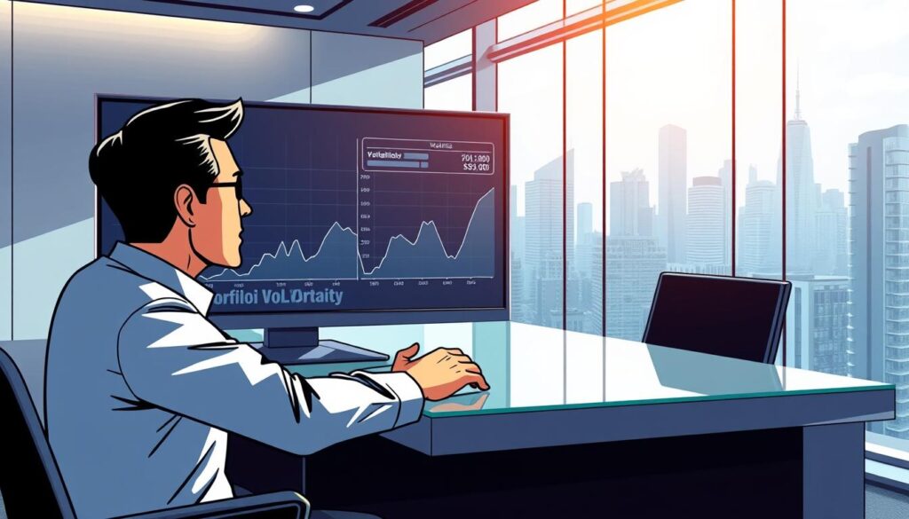 A sleek, modern office workspace with a large display screen showing a dynamic graph of portfolio volatility trends. In the foreground, a financial analyst examines the data with a thoughtful expression, their hands resting on a glass-topped desk. Soft, directional lighting illuminates the scene, casting subtle shadows and highlighting the clean, minimalist design elements. The background features floor-to-ceiling windows overlooking a bustling city skyline, conveying a sense of the high-stakes, data-driven world of portfolio risk management.