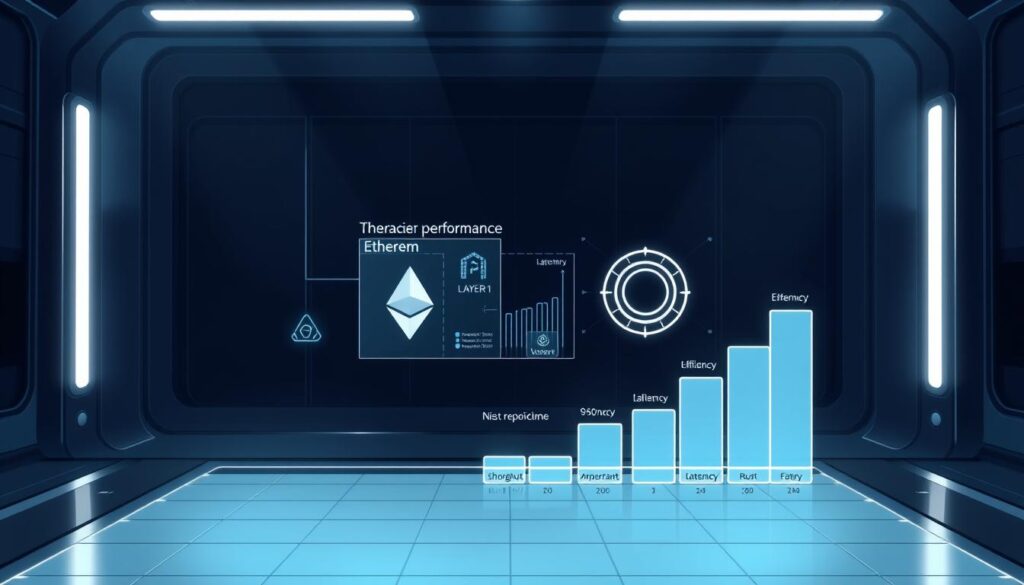A sleek, technical comparison of blockchain protocols, showcased on a stylized, futuristic display. In the foreground, a minimalist grid layout presents key performance metrics - throughput, latency, and efficiency - for Ethereum and its emerging competitors. The middle ground features holographic, data-driven visualizations, conveying the technical complexities of these Layer 1 networks. The background is a dimly lit, metallic environment, evoking a sense of innovation and technological progress. Dramatic, high-contrast lighting casts sharp shadows, adding depth and sophistication to the scene. The overall mood is one of scientific analysis and technological advancement, befitting the subject matter.