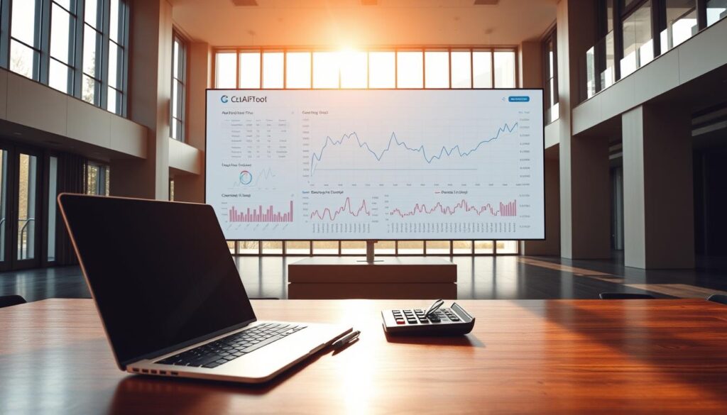 A sophisticated architectural interior with sleek, minimalist design. In the foreground, a polished wooden desk displays a laptop, pen, and calculator, representing the tools of financial analysis. In the middle ground, a large digital display projects a detailed discounted cash flow model, its complex charts and graphs illustrating the intricate valuation process for digital assets. The background features floor-to-ceiling windows, allowing natural light to pour in and casting a warm, professional glow over the scene. The overall mood is one of thoughtful, data-driven decision-making, conveying the gravity and importance of properly valuing digital investments.