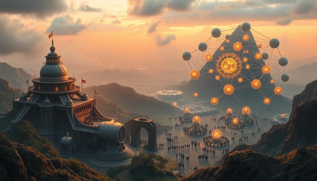 A sprawling canvas depicting the contrasting research funding models. In the foreground, a centralized, bureaucratic machine with rigid hierarchies and lengthy approval processes. In the middle ground, a decentralized network of diverse stakeholders, crowdfunding platforms, and peer-to-peer collaborations. The background showcases a futuristic landscape of blockchain-enabled, transparent, and democratized scientific funding. Warm hues of amber and gold emanate from the decentralized system, while the centralized model is shrouded in muted grays and blues. The image conveys a sense of transition, innovation, and the promise of a more inclusive and empowered scientific ecosystem.