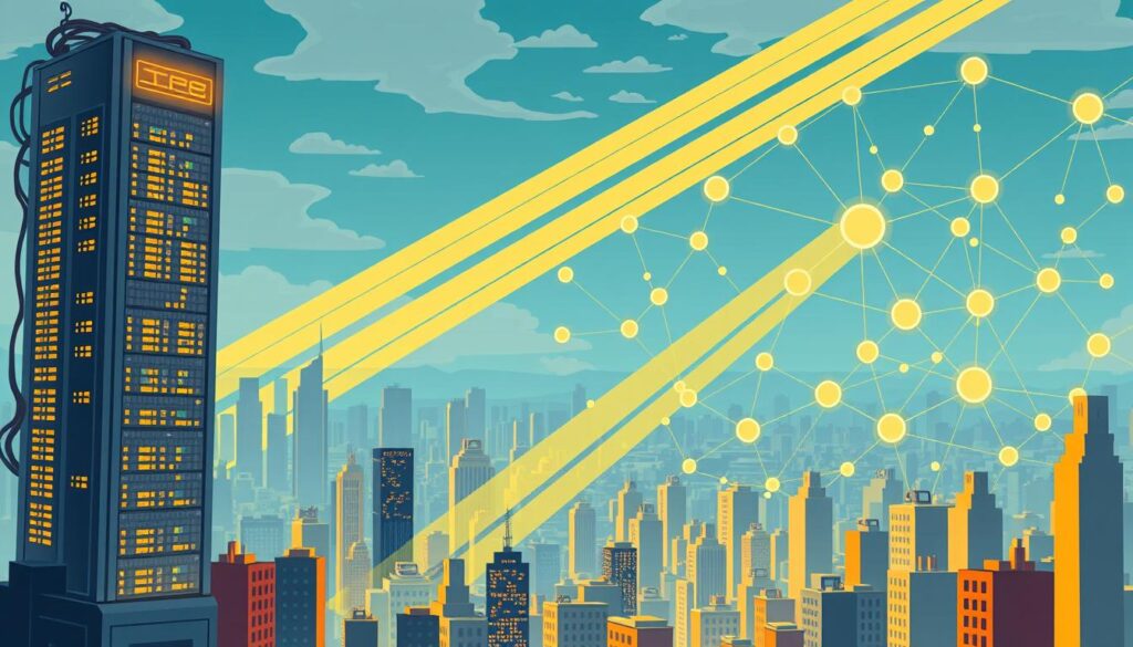 A sprawling cityscape with a towering data center in the foreground, its server racks and blinking lights a symbol of traditional centralized storage. In the background, a network of decentralized storage nodes, represented by geometric shapes and abstract connections, weaving a web of distributed data. The two systems stand in contrast, one rigid and monolithic, the other fluid and adaptable. Shafts of warm light pierce through the scene, casting a golden glow that suggests the evolution towards a more decentralized future. The image conveys the transition from the centralized data hubs of the past to the decentralized, blockchain-powered storage networks of the present and beyond.