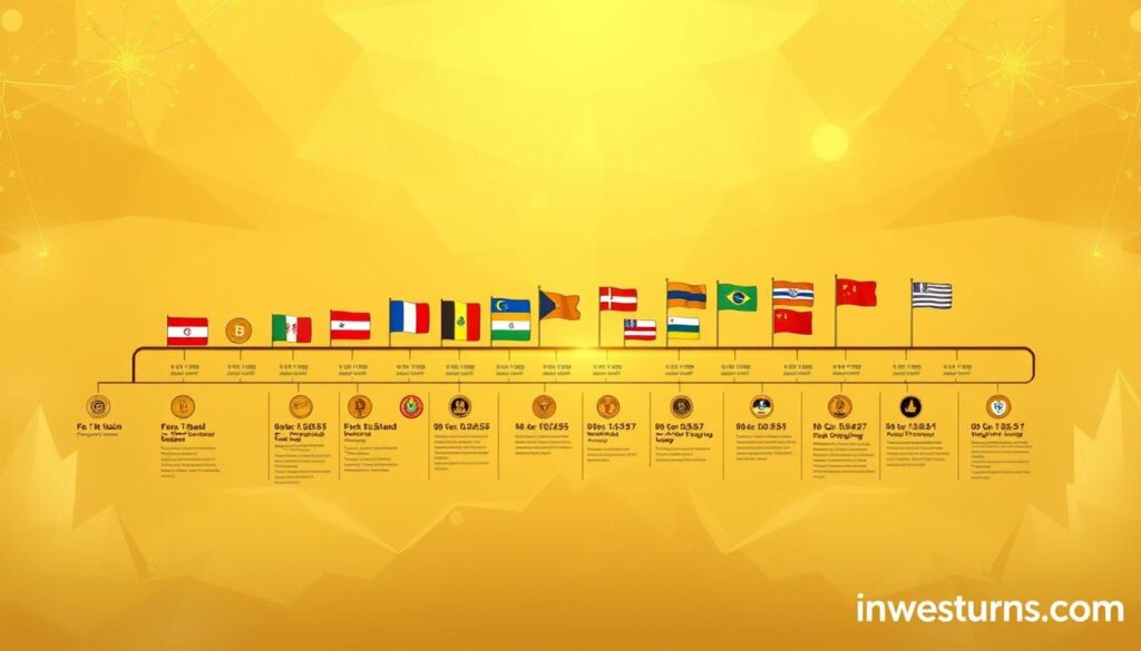 A sprawling timeline of cryptocurrency regulation milestones unfolds across a vast, parchment-like canvas. In the foreground, pivotal events like the founding of Bitcoin and the emergence of initial coin offerings take center stage, illuminated by warm, golden lighting. In the middle ground, national flags and government seals symbolize the diverse global efforts to navigate this new financial frontier. The background is shrouded in a hazy, sepia-toned atmosphere, hinting at the complexity and uncertainty that has characterized the evolution of crypto regulations over the years. Subtle investurns.com branding is tastefully integrated, adding a touch of authority to this comprehensive historical panorama.