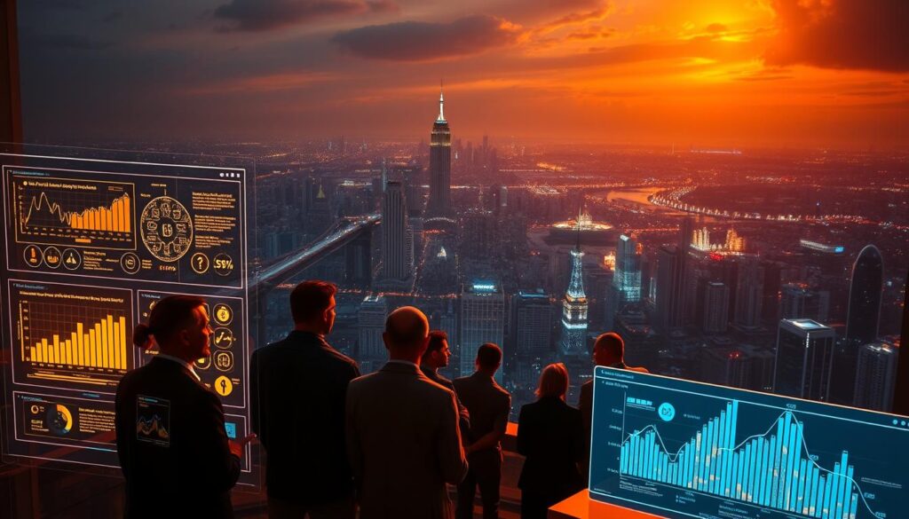 A striking cinematic scene of a digital landscape depicting the evaluation of use cases. In the foreground, a series of holographic screens display intricate data visualizations, charts, and graphs, showcasing the comparative analysis of various cryptocurrency projects and their real-world applications. The middle ground features a group of analysts and decision-makers, engaged in a thoughtful discussion, their faces illuminated by the soft glow of the screens. In the background, a vast cityscape of futuristic skyscrapers and infrastructure, symbolizing the larger economic and technological context. The overall mood is one of focused deliberation, with a sense of gravity and importance, as the participants strive to identify the most promising "middle class" of reliable crypto projects. Warm, directional lighting casts dramatic shadows, heightening the sense of depth and cinematic impact.