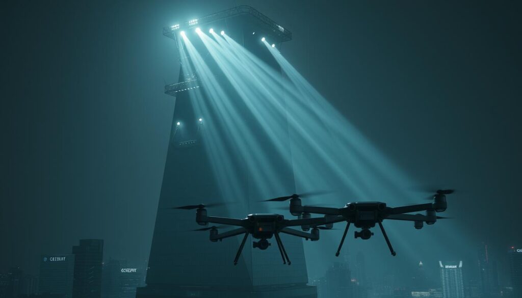 A towering, angular structure made of metal and glass, casting an ominous shadow over a cityscape. Piercing spotlights scan the environment, casting an eerie, high-contrast lighting. Intricate digital interfaces and surveillance arrays protrude from the facade, conveying a sense of omniscient control. In the foreground, a cluster of sleek, hovering drones equipped with cameras and sensors patrol the area, creating an atmosphere of unease and pervasive monitoring. The overall scene evokes a dystopian, cyberpunk vision of financial surveillance in the age of emerging blockchain technology and digital currencies.