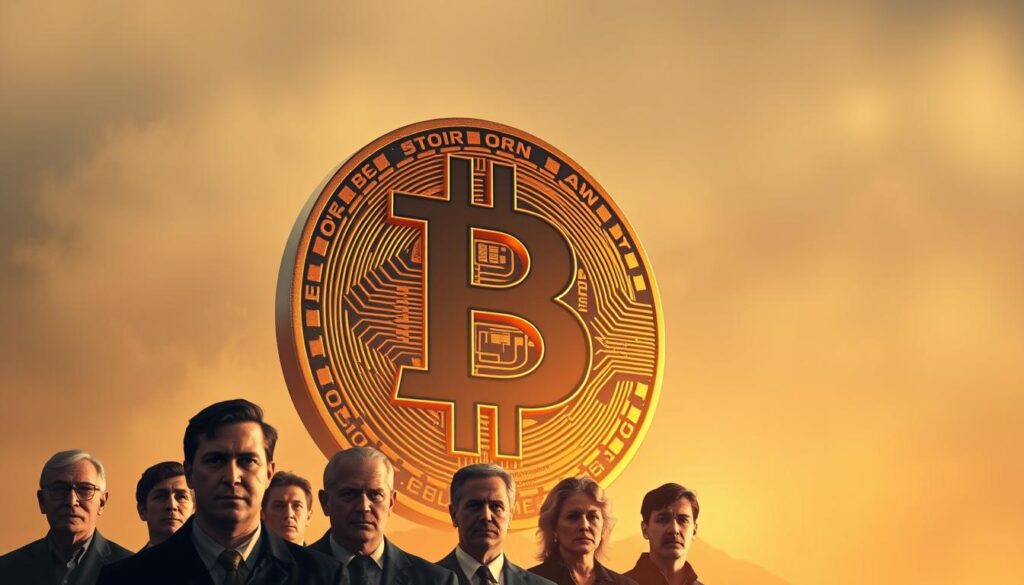 A towering bitcoin symbol dominates the center of the frame, its faceted surfaces gleaming under warm, directional lighting. In the foreground, a group of serious-faced individuals, representing the core tenets of Bitcoin maximalism - decentralization, scarcity, self-sovereignty, and immutability. The background is a hazy, abstract landscape, suggesting the philosophical and ideological nature of their beliefs. The overall mood is one of resolute conviction, a visual embodiment of the unwavering principles that define the Bitcoin maximalist worldview. A towering bitcoin symbol dominates the center of the frame, its faceted surfaces gleaming under warm, directional lighting. In the foreground, a group of serious-faced individuals, representing the core tenets of Bitcoin maximalism - decentralization, scarcity, self-sovereignty, and immutability. The background is a hazy, abstract landscape, suggesting the philosophical and ideological nature of their beliefs. The overall mood is one of resolute conviction, a visual embodiment of the unwavering principles that define the Bitcoin maximalist worldview.