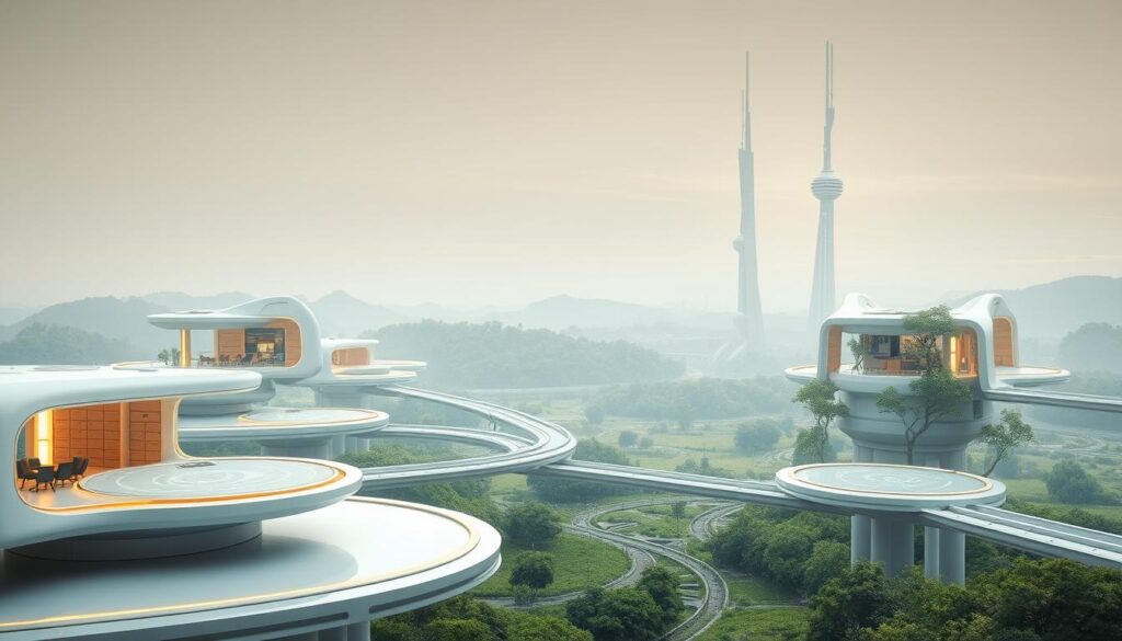 A tranquil, futuristic landscape with decentralized research platforms seamlessly integrated into the environment. In the foreground, sleek, minimalist structures housing collaborative workspaces and data hubs, their surfaces reflecting the gentle glow of holographic displays. The middle ground features a network of elevated walkways and autonomous transport pods, facilitating the seamless exchange of information and resources. In the background, a serene, verdant landscape with towering, bionic research towers stretching towards the sky, their elegant forms a testament to the harmony between nature and technology. Diffused, warm lighting casts a soft, inviting ambiance, creating an atmosphere of innovation and discovery.