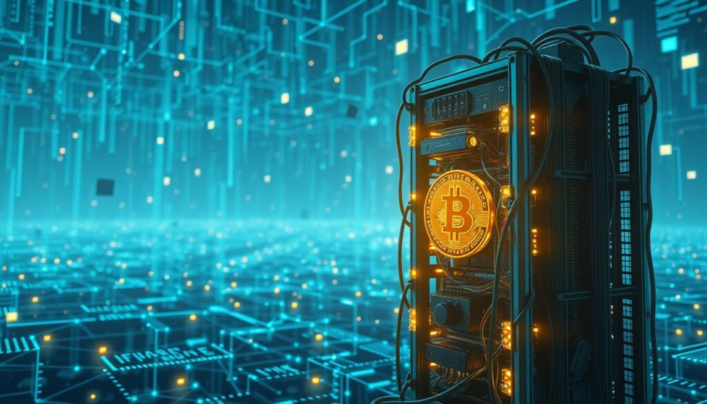 A vast and complex blockchain network, its decentralized nodes illuminated by a soft, ethereal glow. In the foreground, a towering 3D model of a Bitcoin mining rig, its intricate components casting dynamic shadows. The background fades into an abstract data landscape, with floating transaction blocks and cascading lines of code. The scene is imbued with a sense of technological wonder and the powerful, yet elegant, proof-of-work consensus mechanism that underpins the blockchain. Lit by cool, directional lighting and rendered with a high level of detail, this image captures the essence of blockchain technology and its core proof-of-work principles.