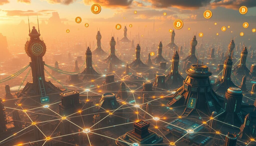 A vast, futuristic landscape of digital assets and cryptocurrency, with towering blockchain structures and glowing crypto tokens floating in the air. In the foreground, a network of interconnected nodes and data flows, pulsing with energy. The middle ground features a diverse array of digital wallets, exchanges, and DeFi platforms, all set against a backdrop of a dynamic, ever-evolving regulatory framework. The sky is illuminated by the glow of digital currencies, creating a sense of innovation and technological advancement. The overall atmosphere is one of technological complexity, with a hint of uncertainty and the need for balanced oversight to shape the future of the digital asset landscape.