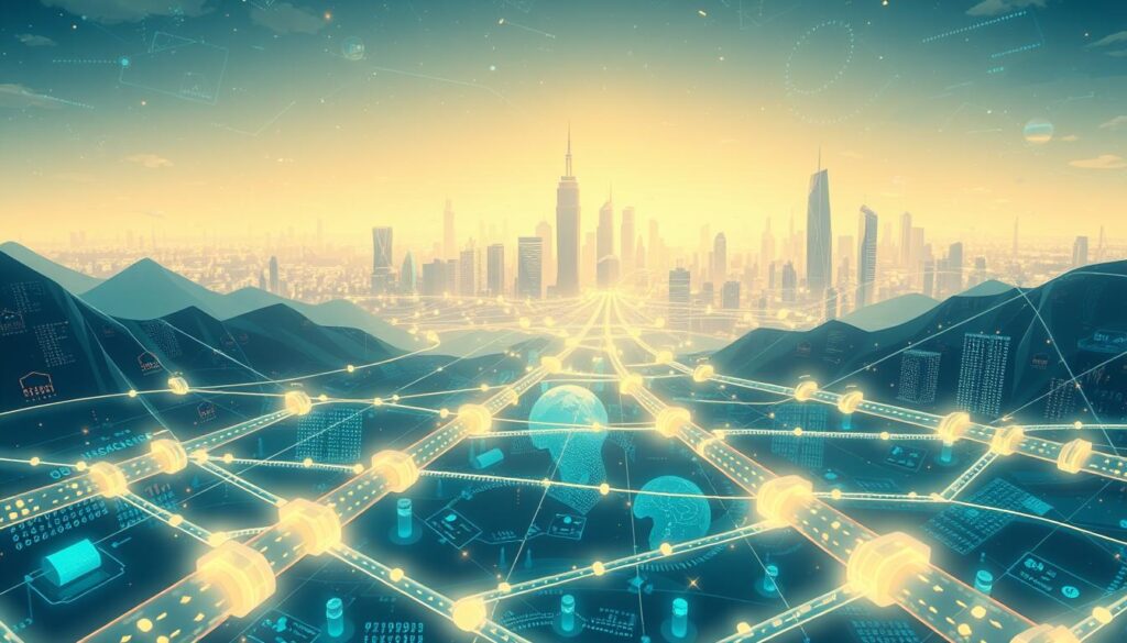 A vast, interconnected landscape of blockchain-powered liquidity pools, shimmering with digital assets. In the foreground, a network of transparent, holographic pipes and tubes channeling the flow of synthetic stocks, currencies, and commodities. In the middle ground, towering towers of data and code, casting a warm, ethereal glow. In the background, a panoramic view of a futuristic cityscape, its skyscrapers adorned with the logos of decentralized financial institutions. The scene is bathed in a soft, diffused light, creating a sense of depth and immersion. The overall mood is one of technological sophistication, global connectivity, and the seamless integration of traditional and decentralized finance.