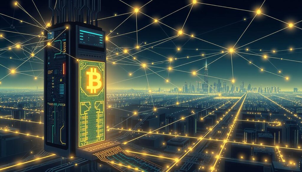 A vast, interconnected network of nodes securely verifying and validating Bitcoin transactions, casting a shimmering digital web across a dimly lit, futuristic cityscape. In the foreground, a towering node serves as the focal point, its intricate circuitry and glowing displays symbolizing the computational power underpinning the network. The middle ground features a grid of smaller nodes, their flashing lights and interconnected cables conveying the scale and complexity of the decentralized system. In the background, the city skyline recedes into the distance, hinting at the global reach and ubiquity of the Bitcoin security network. The scene exudes a sense of technological prowess, resilience, and the unbreakable strength of the network effects that secure the Bitcoin ecosystem.