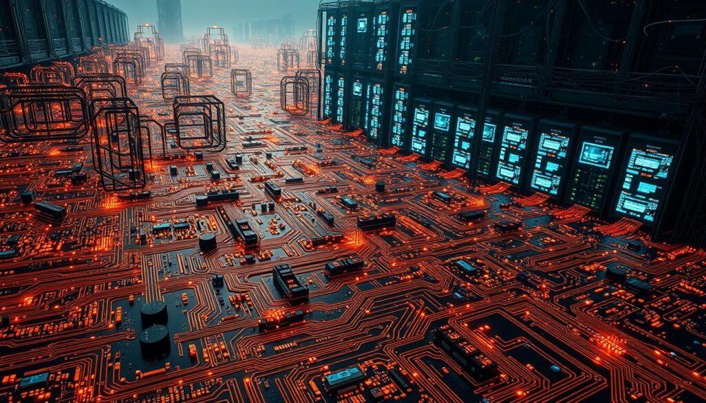 A vast, intricate circuit board landscape, with countless interconnected nodes pulsing with energy. In the foreground, a detailed visualization of the Bitcoin transaction validation process, with cryptographic hashes and digital signatures swirling in a mesmerizing dance. The middle ground showcases the complex network of miners, each running powerful rigs to solve complex mathematical puzzles, their screens alight with data. In the background, a towering, futuristic datacenter looms, its servers humming with the computational might powering the Proof-of-Work consensus mechanism. Dramatic, cinematic lighting and angles convey the scale and complexity of this technological marvel, casting the entire scene in an aura of technological wonder and innovation.