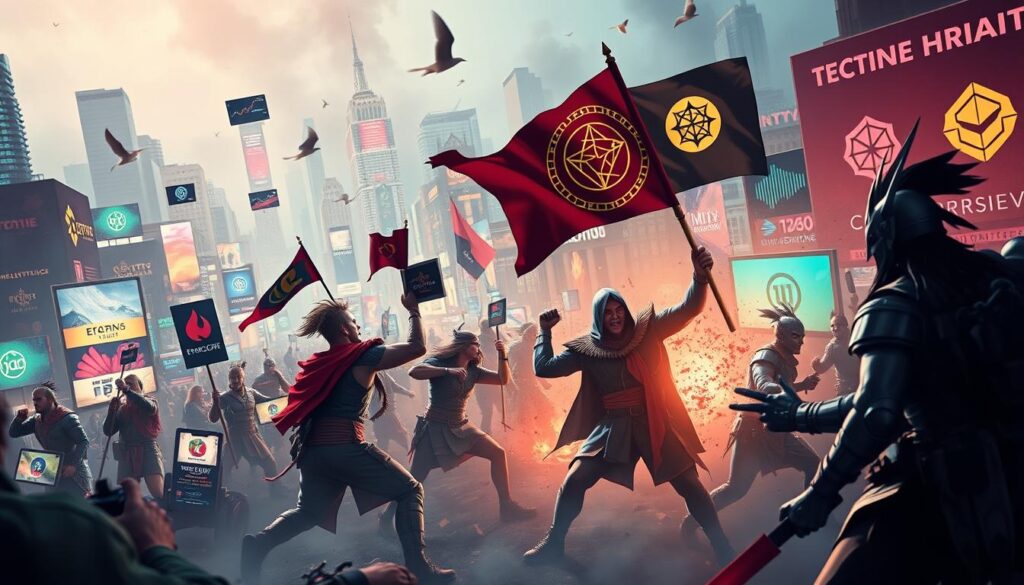 A vibrant and chaotic scene depicting the emergence of crypto tribalism in the digital age. In the foreground, a group of figures representing different crypto tribes clash, each adorned with distinct symbols and logos. The middle ground is a kaleidoscope of colorful digital landscapes, with fragmented screens and windows displaying the logos and slogans of various crypto projects. The background is a hazy, neon-lit cityscape, reflecting the fast-paced and ever-changing nature of the crypto world. The lighting is dramatic, with bold shadows and highlights accentuating the intensity of the scene. The overall mood is one of tension and dynamism, capturing the essence of the crypto tribalism phenomenon. A vibrant and chaotic scene depicting the emergence of crypto tribalism in the digital age. In the foreground, a group of figures representing different crypto tribes clash, each adorned with distinct symbols and logos. The middle ground is a kaleidoscope of colorful digital landscapes, with fragmented screens and windows displaying the logos and slogans of various crypto projects. The background is a hazy, neon-lit cityscape, reflecting the fast-paced and ever-changing nature of the crypto world. The lighting is dramatic, with bold shadows and highlights accentuating the intensity of the scene. The overall mood is one of tension and dynamism, capturing the essence of the crypto tribalism phenomenon.