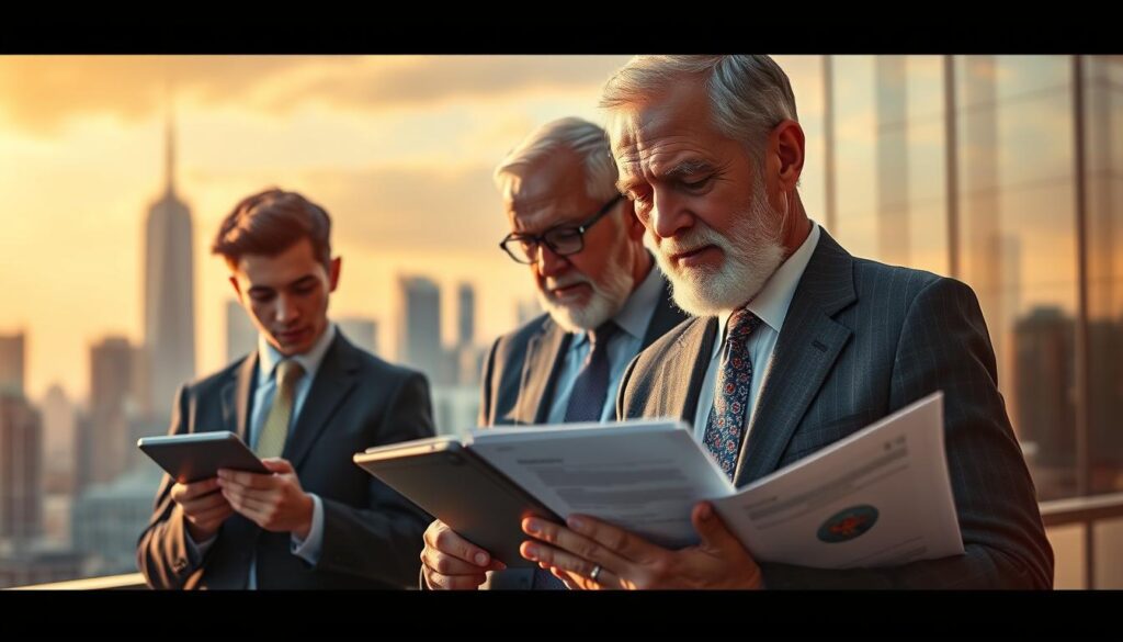 A vibrant, cinematic scene showcasing the intergenerational dynamics of wealth strategies. In the foreground, a young professional in a crisp suit examines a tablet, representing the tech-savvy, crypto-inclined younger generation. In the middle ground, a well-dressed baby boomer reviews financial documents, symbolizing traditional investment approaches. The background depicts a modern city skyline, hinting at the changing financial landscape. Warm, golden lighting casts an air of contemplation, while a shallow depth of field focuses the viewer's attention on the contrasting figures and their differing perspectives on wealth management.