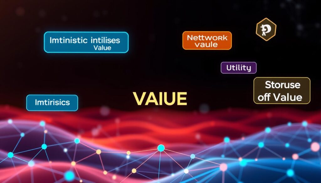 A vibrant digital landscape, with key terms in the digital asset realm floating and interacting in a visually captivating manner. The foreground features a sleek, minimalist design with clean lines and geometric shapes representing "Intrinsic Value," "Valuation Models," "Network Value," "Utility," and "Store of Value." These elements are rendered in a range of hues, from cool blues to warm oranges, creating a dynamic and visually engaging composition. The middle ground showcases a network of interconnected nodes and lines, symbolizing the underlying infrastructure and relationships between these concepts. In the background, a subtle gradient of colors sets the tone, conveying a sense of depth and technological sophistication. The overall image should evoke a sense of intellectual depth and visual appeal, suitable for illustrating the key terms explored in the article.