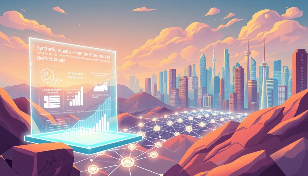 A vibrant, dynamic blockchain landscape showcasing the innovations transforming the derivatives market. In the foreground, a holographic display presents sleek, futuristic financial instruments - synthetic assets, smart contracts, and decentralized exchanges. The middle ground features a network of interconnected nodes, pulsing with digital energy, representing the on-chain infrastructure powering these new financial tools. In the background, a cityscape of towering skyscrapers and gleaming towers symbolizes the integration of these blockchain-based derivatives into the broader financial ecosystem. Warm, golden lighting casts an air of sophistication and technological prowess, while the overall composition conveys a sense of forward-thinking progress and the dawn of a new era in derivative trading.