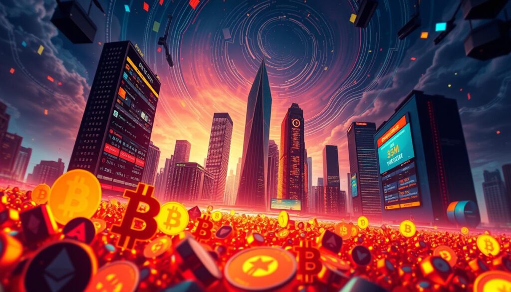 A vibrant, dynamic cryptocurrency market landscape, captured through a cinematic, wide-angle lens. In the foreground, a kaleidoscope of digital currency symbols - Bitcoin, Ethereum, Litecoin - pulsing with energy, their values fluctuating against a captivating backdrop. The middle ground reveals a cityscape of sleek, futuristic skyscrapers, their facades adorned with neon-lit displays tracking real-time market data. Overhead, a dramatic sky filled with swirling data streams, visualizing the complex algorithmic interactions that drive the crypto ecosystem. Warm, vibrant lighting casts an almost tangible sense of excitement and unpredictability, conveying the volatile yet alluring nature of this digital financial frontier.