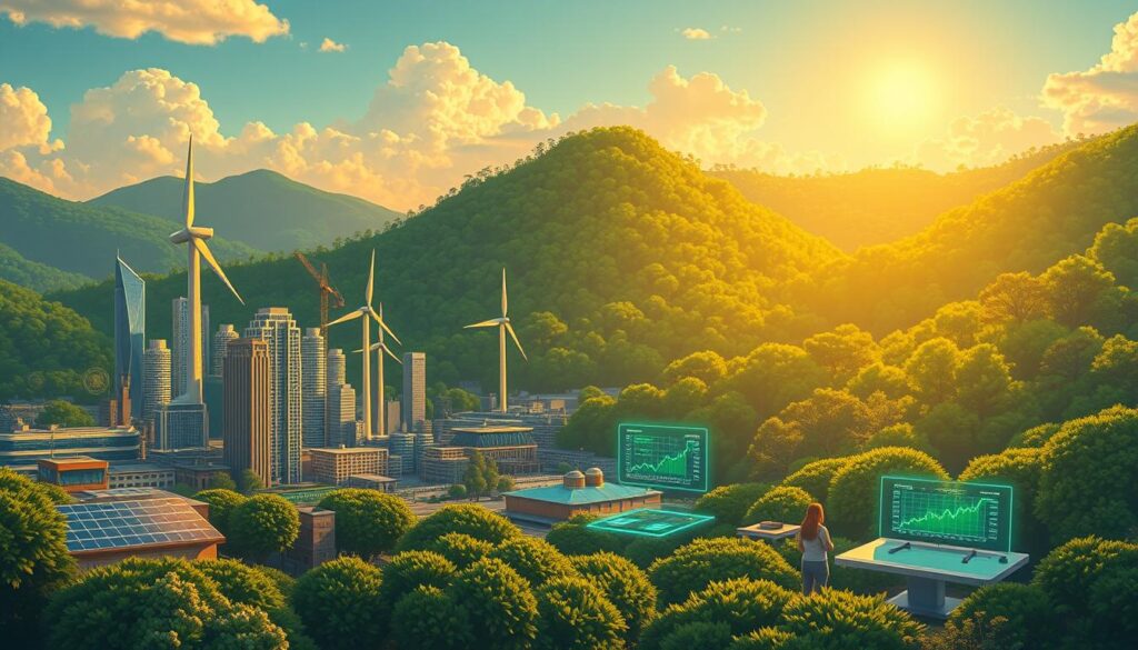 A vibrant, forward-looking landscape depicting the intersection of environmental, social, and governance (ESG) principles with the rapid growth of green cryptocurrency. In the foreground, a thriving, sustainable city skyline powered by renewable energy sources like solar panels and wind turbines. In the middle ground, a bustling crypto trading floor, with traders monitoring holographic displays of green crypto assets and decentralized finance (DeFi) platforms. In the background, a lush, verdant forest symbolizing the regenerative and restorative nature of this new era of conscious investing. The scene is bathed in a warm, golden light, conveying a sense of optimism and progress toward a more environmentally and socially responsible financial future.