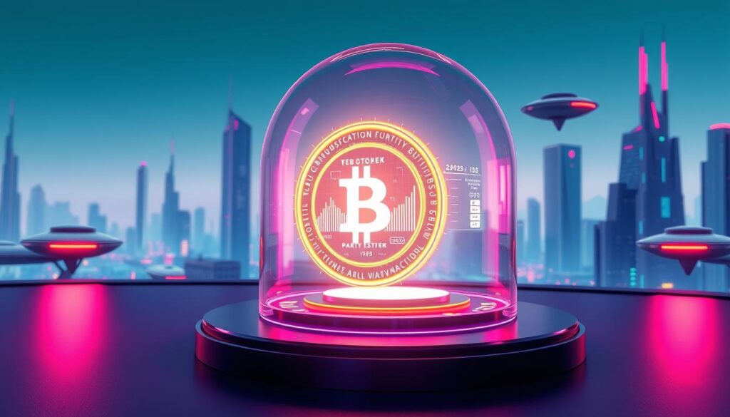 A vibrant, hyper-detailed 3D rendering of a futuristic crypto token supply system. In the foreground, a transparent glass dome houses a glowing, holographic representation of a crypto token's circulating supply, with real-time data visualizations. In the middle ground, a series of stylized, polygonal blockchain nodes process transactions, their lights pulsing in a mesmerizing rhythm. The background features a sleek, minimalist cityscape, with skyscrapers and hovering transport pods bathed in a cool, cyberpunk-inspired palette of blues and purples. Dramatic lighting casts dramatic shadows, conveying a sense of technological sophistication and the underlying mechanics powering the crypto economy.