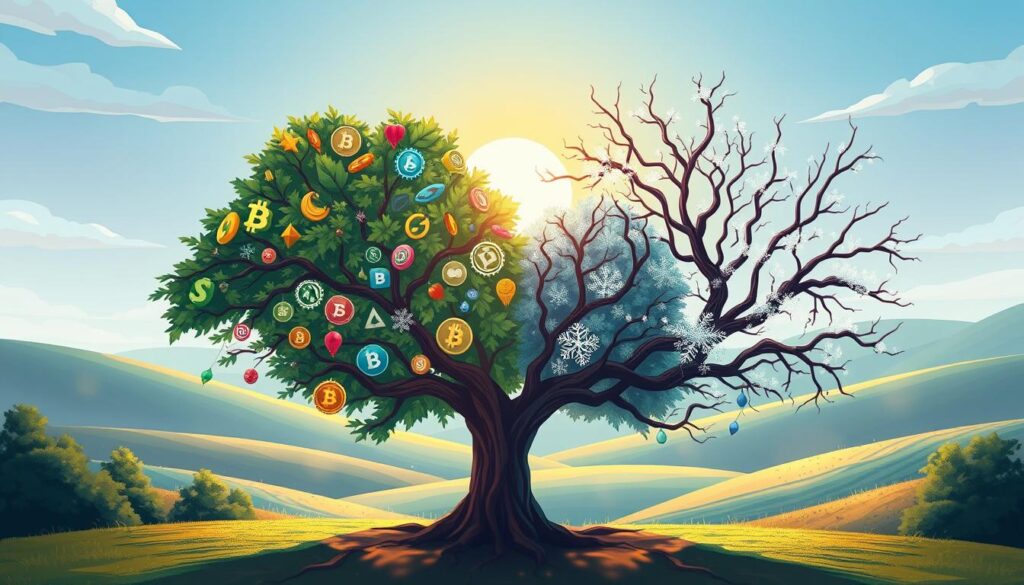 A vibrant, visually striking illustration of "economic seasons asset allocation". In the foreground, a lush, verdant tree representing growth and prosperity, its branches brimming with different crypto assets as leaves. Behind it, a barren, frost-covered tree symbolizing economic winter, its limbs sparse and brittle. In the middle ground, a serene landscape with rolling hills, a clear sky, and a warm sun peeking through, conveying a sense of stability and balance. The lighting is soft and diffused, creating a tranquil, contemplative atmosphere. The composition draws the eye towards the center, where the two contrasting trees stand as a metaphor for adapting one's portfolio to the ever-changing economic climate. Rendered in a stylized, painterly aesthetic that evokes a sense of timelessness and wisdom.
