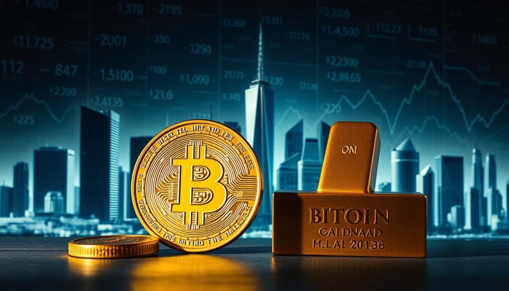 A visually striking comparison of Bitcoin and the gold standard, set against a backdrop of financial landscapes and monetary symbols. In the foreground, a gleaming golden ingot and a shimmering Bitcoin icon stand in contrast, their sizes emphasizing the evolving nature of financial assets. The middle ground features a cityscape with towering skyscrapers, conveying the digital, interconnected world of modern finance. In the background, a tapestry of abstract monetary graphs, charts, and equations creates a sense of the complex economic theories underlying the debate. Dramatic lighting casts dramatic shadows, evoking the gravity and significance of the subject matter. The overall composition aims to capture the essence of the "hyperbitcoinization" discussion, exploring the potential future of money.