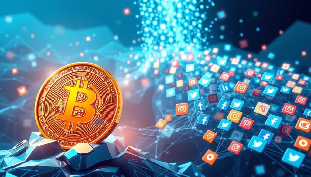 A visually striking digital illustration showcasing the comparative network impacts of Bitcoin and social media platforms. In the foreground, a sleek, metallic Bitcoin symbol casts a powerful, crystalline presence, radiating an aura of technological innovation and decentralized finance. In the middle ground, cascading waves of social media icons - Facebook, Twitter, Instagram - symbolize the sprawling, interconnected nature of these platforms. The background is shrouded in an ethereal, data-driven haze, hinting at the complex, data-driven nature of both Bitcoin and social media networks. The scene is bathed in a cool, futuristic lighting, creating a sense of technological sophistication and gravitas. Captured from a dynamic, high-angle perspective to emphasize the scale and influence of these networks.