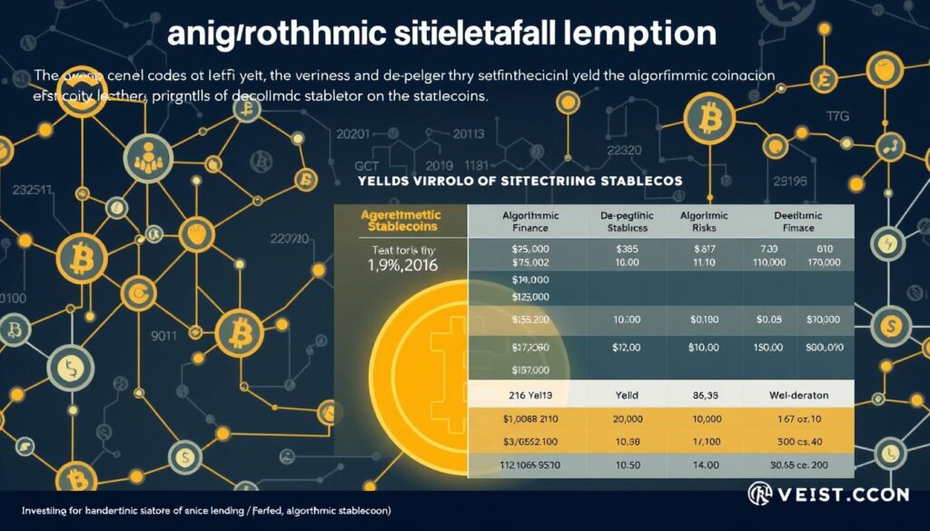 Algorithmic stablecoins yield comparison: a detailed infographic depicting the intricate landscape of decentralized finance (DeFi) lending. Set against a backdrop of interconnected financial circuits, the image showcases a comprehensive side-by-side analysis of the yields and de-pegging risks associated with various algorithmic stablecoins. Rendered in a sleek, minimalist style with Investurns.com branding, the infographic offers a visually compelling exploration of this critical segment of the cryptocurrency ecosystem.