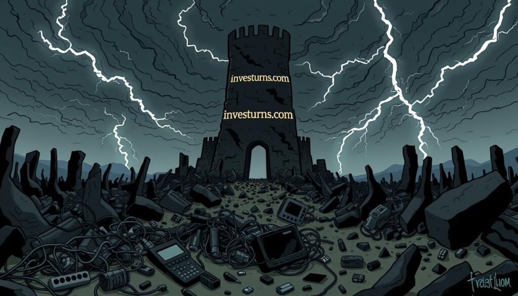 Crypto investment pitfalls: A dark, ominous landscape of crumbling ruins, broken dreams, and shattered illusions. In the foreground, a tangle of tangled wires and discarded gadgets, symbolizing the hazards of reckless speculation. The middle ground is dominated by a towering, ominous structure labeled "investurns.com", casting an unsettling shadow over the scene. In the background, a stormy sky filled with swirling clouds and ominous lightning, reflecting the volatile and unpredictable nature of the crypto market. The overall mood is one of cautionary foreboding, a stark warning against the perils of unchecked enthusiasm in the world of digital assets.