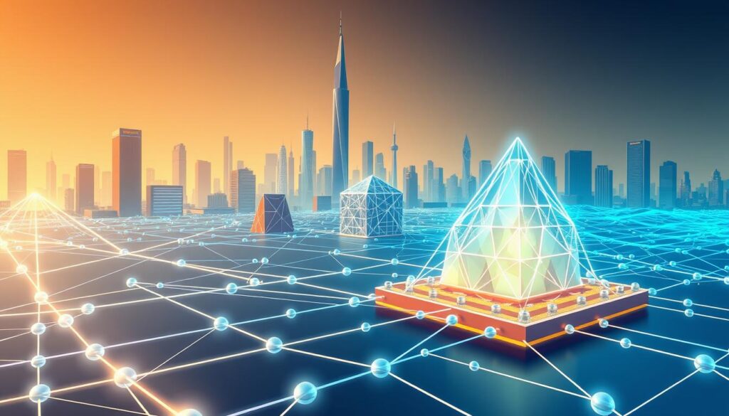 Detailed digital illustration of blockchain scalability solutions. Prominent in the foreground, a stylized blockchain network visualized as a series of interconnected nodes and transaction pathways. In the middle ground, innovative layer-2 scaling protocols represented by geometric architectural forms, each with a unique design showcasing their distinct approaches. In the background, a futuristic cityscape with skyscrapers and data centers, symbolizing the integration of blockchain technology into the wider digital infrastructure. The scene is illuminated by a warm, diffused lighting, creating a sense of technological progress and promise. Rendered in a sleek, minimalist aesthetic with a color palette of blues, grays, and metallic accents.