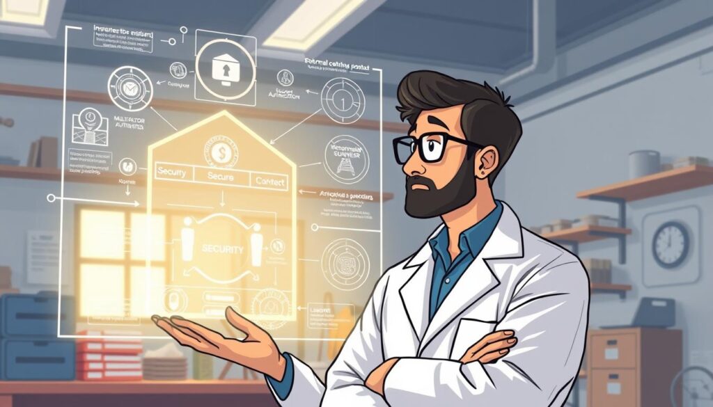 Detailed digital illustration of risk mitigation strategies for smart contract deployments. A serene, well-lit workshop scene with an investurns.com engineer examining a holographic projection of a secure smart contract architecture. Complex data visualizations and diagrams float in the air, illuminating key security measures such as multi-factor authentication, formal verification, and comprehensive testing protocols. The engineer, wearing a clean lab coat, studies the projection intently, their face reflecting a thoughtful, focused expression as they devise proactive approaches to safeguard against potential exploits.