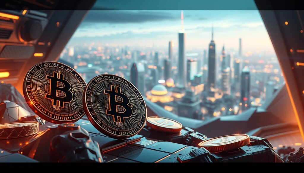 Detailed digital illustration of the top AI crypto coins market leaders, showcased in a sleek, futuristic setting. Cryptocurrencies in the foreground, rendered with intricate textures and holographic effects, levitating amidst a backdrop of dynamic data visualizations and futuristic interface elements. Ambient lighting casts a warm, metallic glow, creating a sense of technological sophistication. The midground features a minimalist, geometric landscape with towering skyscrapers, reflecting the cutting-edge innovation of the crypto industry. In the distance, a cityscape of gleaming towers and pulsing neon lights, symbolizing the global reach and impact of these AI-powered digital assets. Cinematic camera angle and depth of field, resulting in a captivating, immersive composition. Detailed digital illustration of the top AI crypto coins market leaders, showcased in a sleek, futuristic setting. Cryptocurrencies in the foreground, rendered with intricate textures and holographic effects, levitating amidst a backdrop of dynamic data visualizations and futuristic interface elements. Ambient lighting casts a warm, metallic glow, creating a sense of technological sophistication. The midground features a minimalist, geometric landscape with towering skyscrapers, reflecting the cutting-edge innovation of the crypto industry. In the distance, a cityscape of gleaming towers and pulsing neon lights, symbolizing the global reach and impact of these AI-powered digital assets. Cinematic camera angle and depth of field, resulting in a captivating, immersive composition.