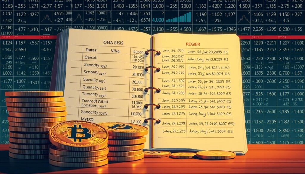 Detailed illustration of cryptocurrency cost basis components. In the foreground, a stack of physical bitcoins and other cryptocurrency tokens, cast in warm, muted lighting. In the middle ground, a transparent ledger with line items tracking purchase dates, quantities, and prices. In the background, a grid-like matrix displaying complex mathematical formulas and statistical charts, representing the complex calculations involved in determining cost basis. The overall mood is one of analytical precision and financial diligence, conveying the importance of properly tracking cryptocurrency investments.