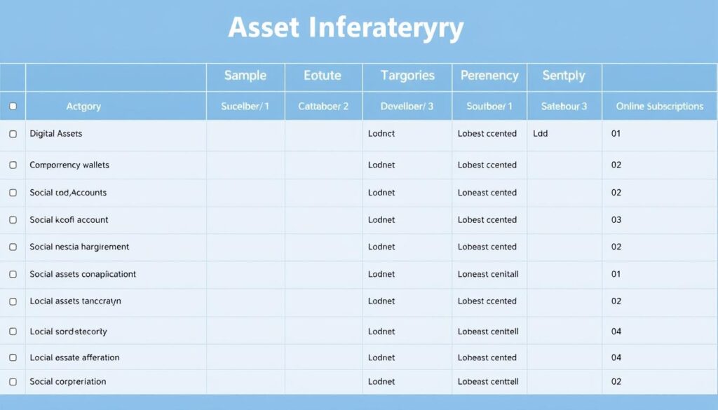 Digital asset inventory showing various categories of online accounts and digital property Digital asset inventory showing various categories of online accounts and digital property