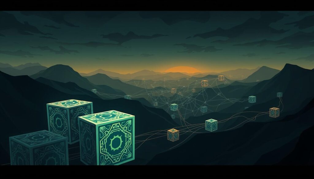 Prompt A complex blockchain transaction sequence, captured in a cinematic, high-contrast digital illustration. In the foreground, a series of stylized blocks represent individual transactions, each with intricate patterns and hues. The middle ground features a tangled web of interconnected pathways, conveying the dynamic nature of blockchain data flow. In the background, a moody, shadowy landscape sets the stage, with subtle highlights and shadows accentuating the technological depth and scale. The overall composition evokes a sense of the invisible economic forces at play within the blockchain ecosystem.