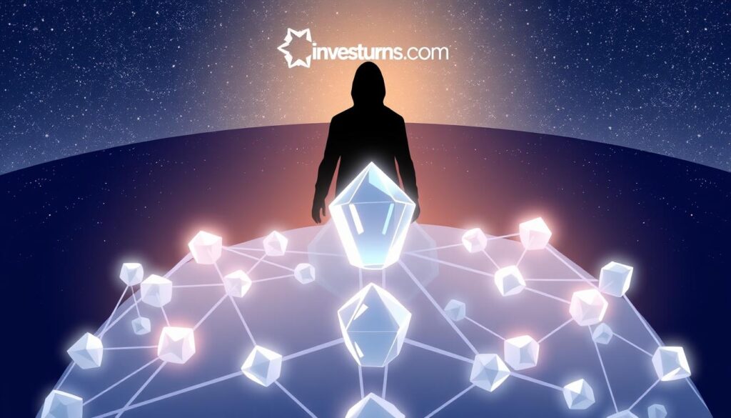 Prompt A digital illustration showcasing the contrast between direct staking and delegated staking methods. In the foreground, a crystalline blockchain network structure with nodes representing validators, conveying the decentralized nature of direct staking. In the middle ground, a shadowy figure representing a staking pool, highlighting the centralization risks of delegated staking. The background features a starry sky with the investurns.com logo, symbolizing the vast and complex world of blockchain staking. The lighting is soft and ethereal, creating a contemplative atmosphere that invites the viewer to explore the nuances of these staking approaches.