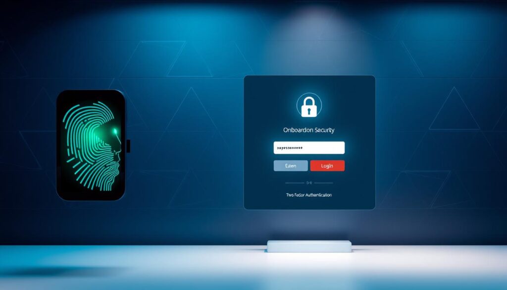 Prompt A sleek, modern onboarding security interface with a clean, minimalist design. In the foreground, a biometric authentication system scans a user's face with a subtle green light, while in the middle ground, a secure login portal displays an elegant password entry field and two-factor authentication options. The background features a futuristic, geometric pattern of interlocking shapes in shades of blue and gray, conveying a sense of digital security and advanced technology. The lighting is soft and directional, creating depth and highlights the smooth, streamlined aesthetic. The overall mood is one of efficiency, trust, and technological sophistication.