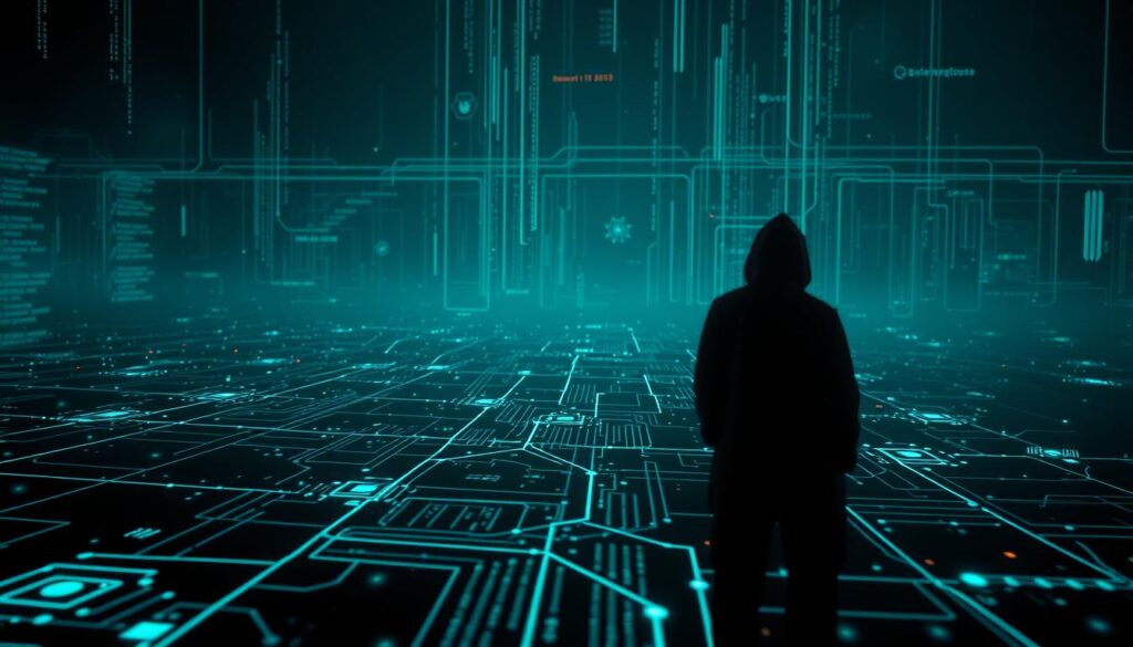 Sanctions evasion digital currencies: a shadowy cyber landscape. Sleek, minimalist interface overlaying a complex network of digital transactions. Ominous, neon-tinged atmosphere, with data streams and encrypted ledgers intertwining in the background. Stylized icons and glyphs representing covert financial flows, obscuring the identities of anonymous participants. Cinematic lighting, high-contrast shadows, and a sense of digital unease permeating the scene. Cutting-edge technology juxtaposed with the shadowy world of geopolitical maneuvering, hinting at the broader implications for international security.